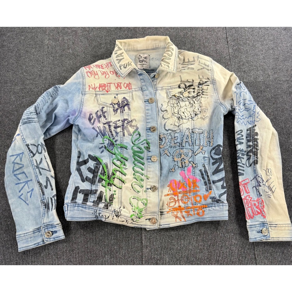 Blue Topic Denim Graffiti Print Trucker Jacket Mens XL Light Wash Streetwear